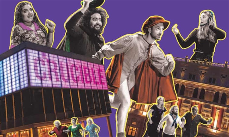 Collage-style artwork featuring performers in theatrical costumes and dynamic poses against a purple background. Prominent buildings include the Crucible Theatre with its illuminated sign and another ornate theatre building. The design uses bright outlines and bold colours to create an energetic, celebratory theme.