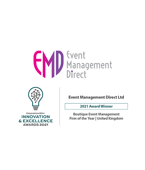Logo and award graphic for Event Management Direct Ltd. The logo features the letters 'EMD' in bold pink and purple, followed by the words 'Event Management Direct' in gray. Below, a lightbulb icon with a network design represents the Corporate LiveWire Innovation & Excellence Awards 2021. Text reads: 'Event Management Direct Ltd, 2021 Award Winner, Boutique Event Management Firm of the Year | United Kingdom.'