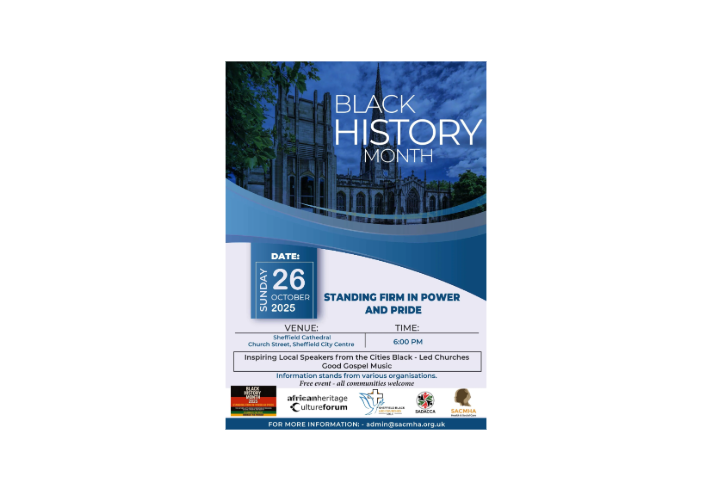 Black History Month Community Civic Service poster with an image of Sheffield Cathedral.