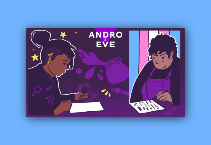 An illustration of two people writing at a table.