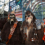 Performers dressed as wookies and Rebel pilots from the Star Wars films, outside the Sheffield Winter Garden.