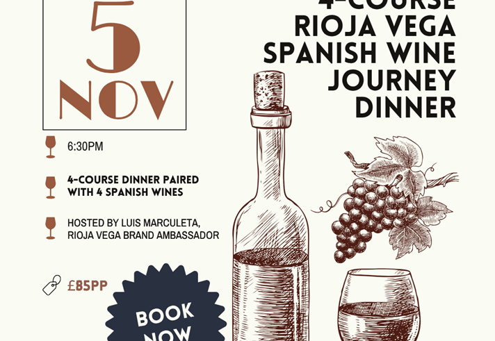 Poster for the event with an illustration of a wine glass, bunches of grapes and a bottle of wine.