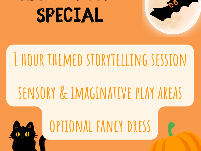 Orange Halloween-themed poster titled "HALLOWEEN SPECIAL" featuring a white box listing activities: 1-hour themed storytelling session, sensory & imaginative play areas, and optional fancy dress. Includes illustrations of a black cat, a pumpkin, and a bat flying in front of a full moon.