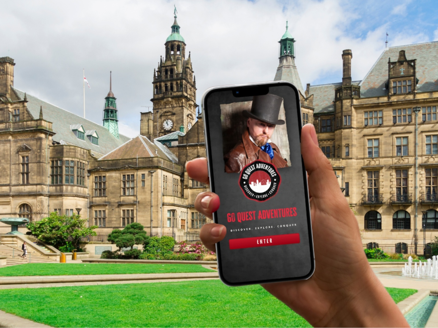 A smartphone being held up in front of Sheffield Town Hall and the Peace gardens, with a tour App on the screen.