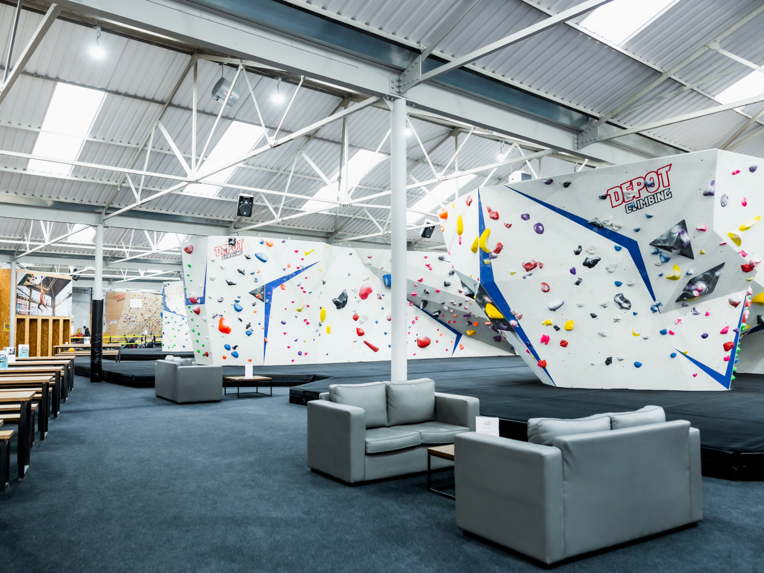 A row of climbing walls at Depot Climbing.