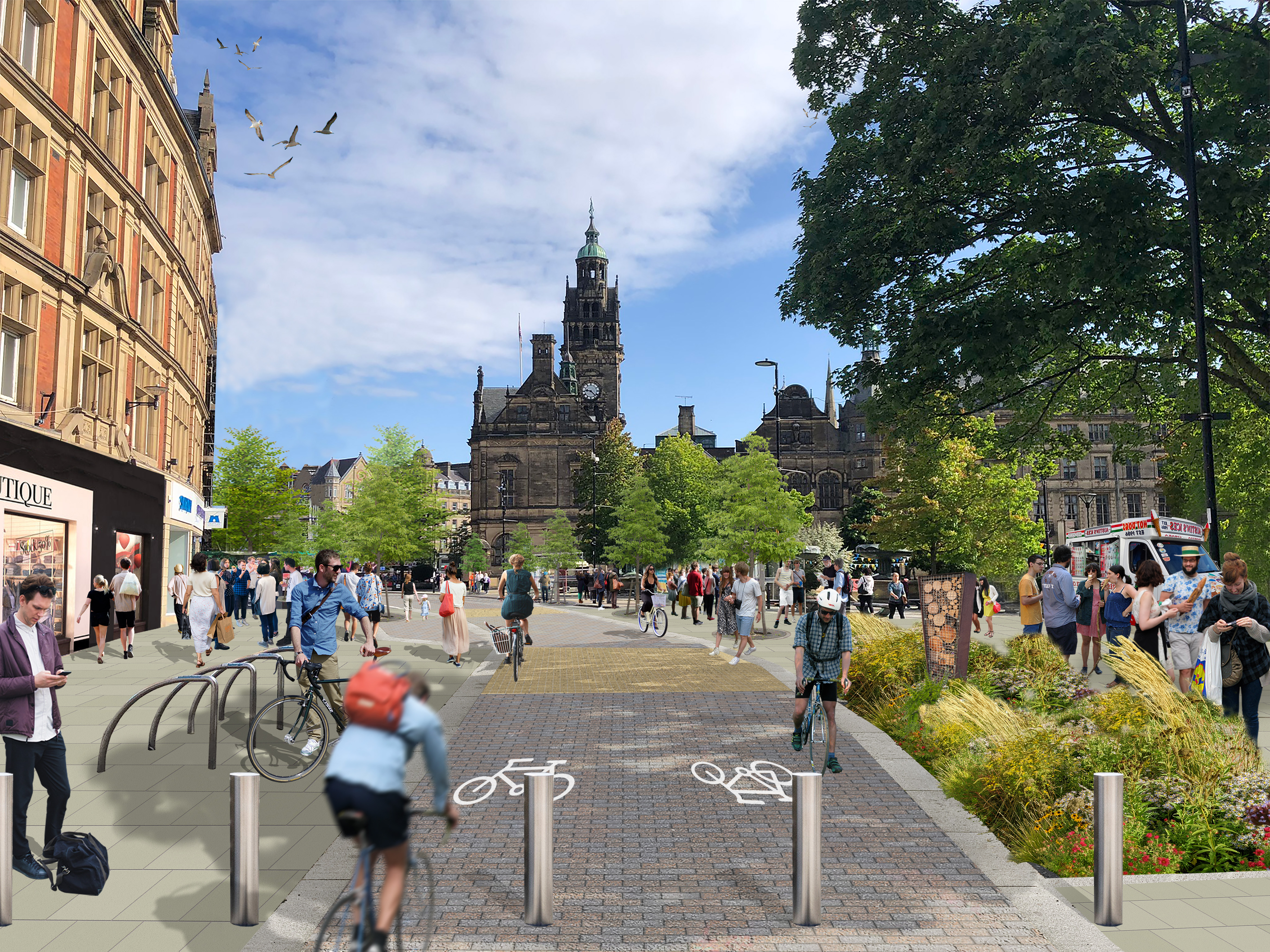 Pedestrian-friendly urban street with a dedicated cycle lane leading towards a historic building with a clock tower in the background. People are walking, cycling, and socializing along wide pavements lined with trees and greenery. On the left, there are traditional stone buildings with shops, and on the right, a landscaped area with flowers and an ice cream van. The sky is partly cloudy with birds flying overhead.