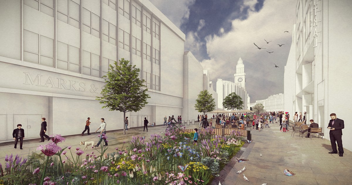 Visualisation of a regenerated city street with wide pedestrian areas, trees, and flower beds. People are walking, sitting on benches, and socializing along the pavement. The left side features a large building with ‘Marks &’ visible on the wall, while the right side has outdoor seating. In the distance, a clock tower rises above white buildings under a partly cloudy sky, with birds flying overhead.