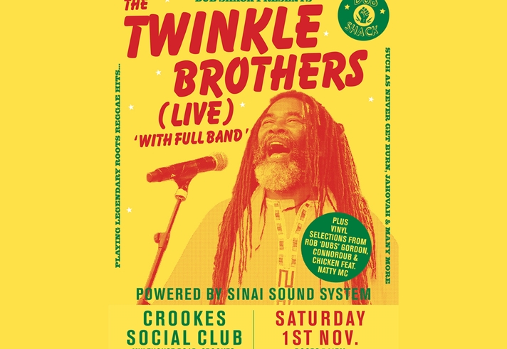 Poster for the event with an image of a man singing into a microphone.