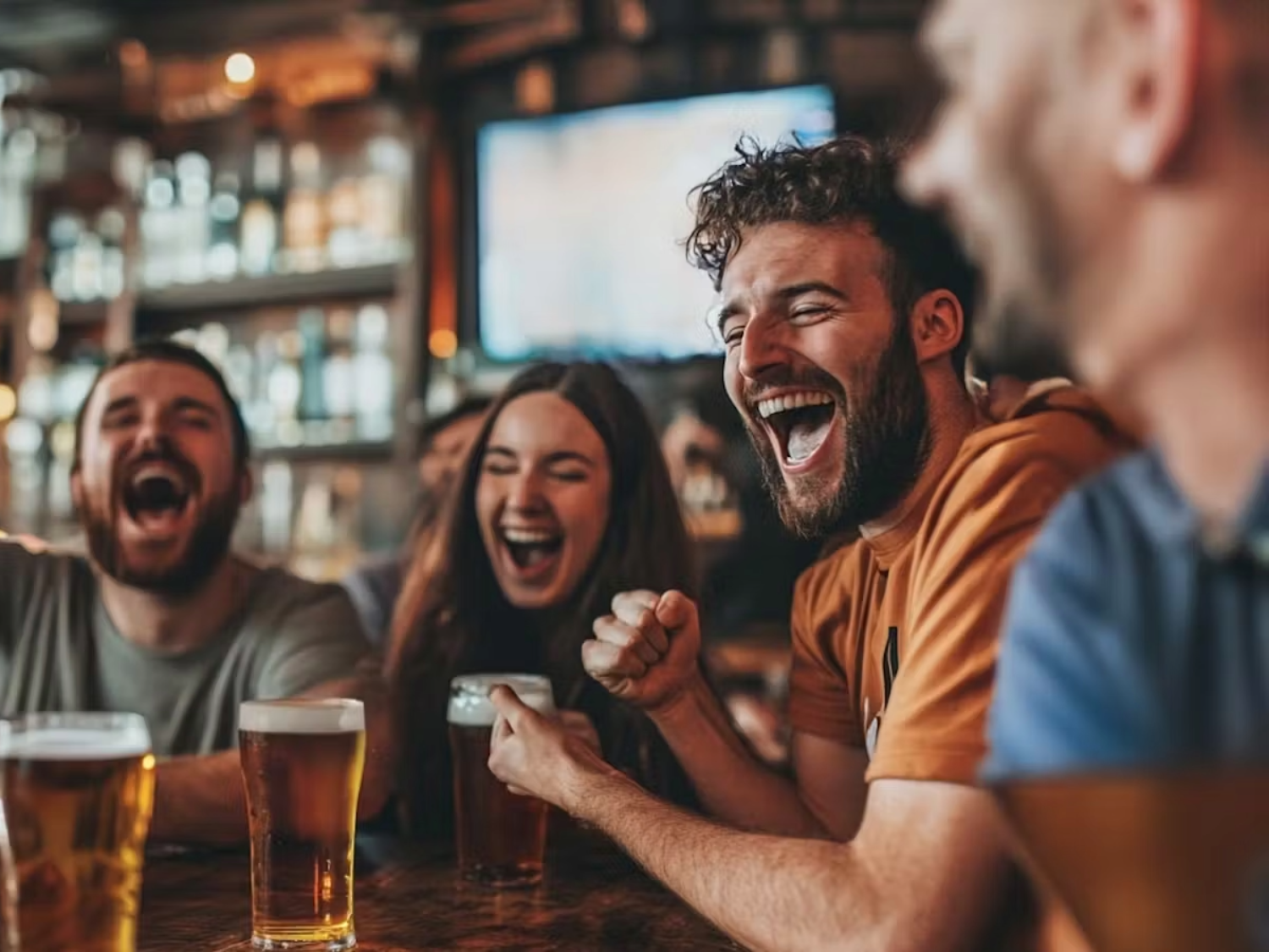 A group of young women and men laughing and enjoying some beers at the bar BOX Sheffield.