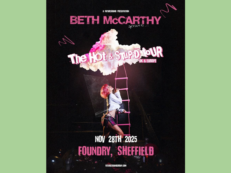 Tour poster featuring Beth McCarthy climbing up a rope ladder towards a cloud.