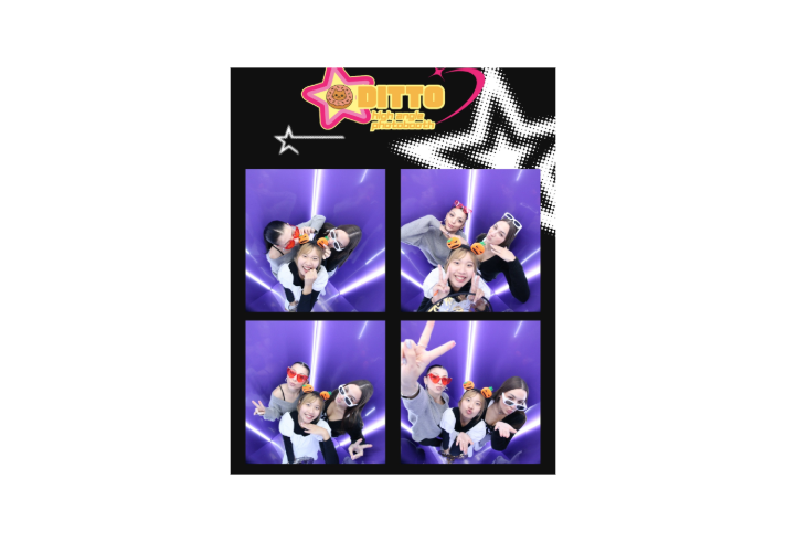 A photo booth collage with four separate images on a purple background featuring bright diagonal light beams. Each image shows two people posing playfully with props, including oversized sunglasses and novelty headbands. The top of the collage has a black banner with a pink star logo and the text “Ditto” in bold yellow letters, along with smaller decorative stars.
