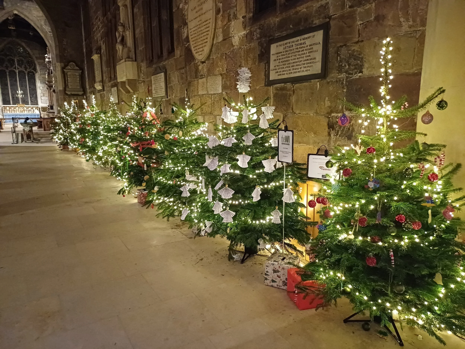 A long row of decorated Christmas Trees in Sheffield Cathedral.