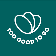 Logo with two overlapping white heart-like shapes on a teal background, with the words ‘TOO GOOD TO GO’ curved underneath in white text.