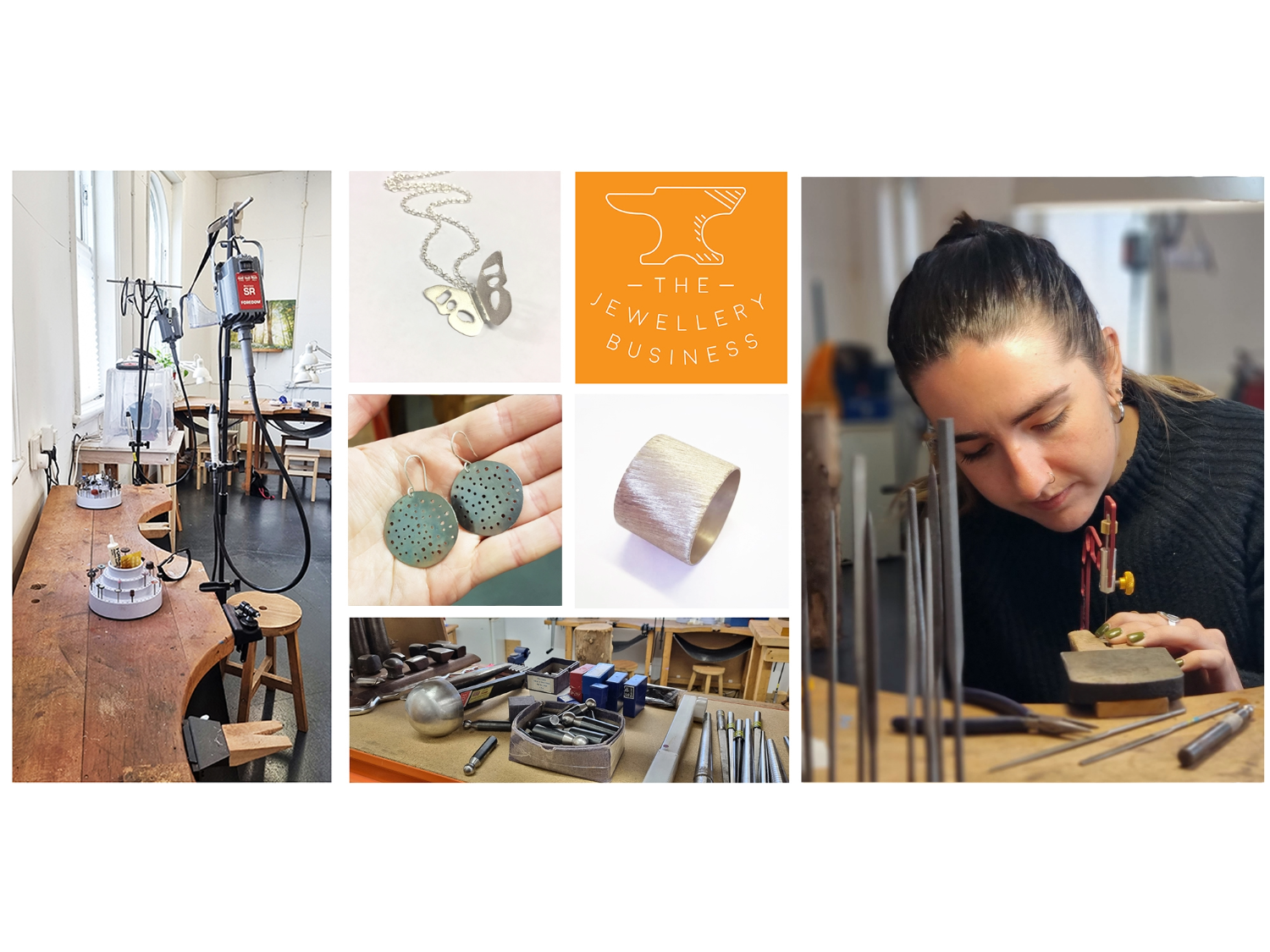 A montage of images of people working at The Jewellery Business and pieces of jewellery that have been created there.
