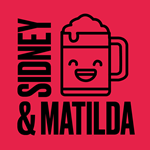 A red logo featuring black text and a central graphic. "SIDNEY" is written vertically on the left, and "& MATILDA" is written horizontally at the bottom. In the centre, there's a cartoon-style beer mug with foam on top and a smiling face.