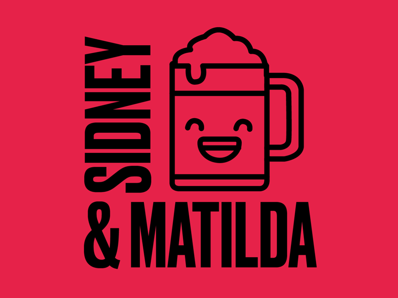 A red logo featuring black text and a central graphic. "SIDNEY" is written vertically on the left, and "& MATILDA" is written horizontally at the bottom. In the centre, there's a cartoon-style beer mug with foam on top and a smiling face.