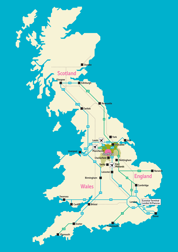A map of the UK showing the major road, rail, and air routes into Sheffield.