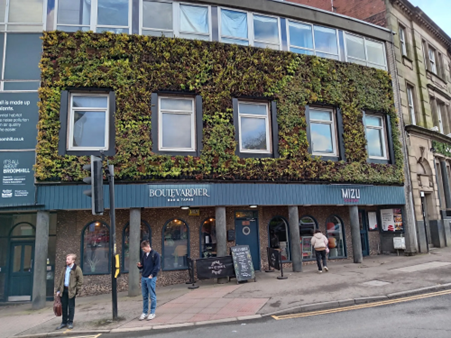 A building with the second story wall covered in plants to create a 'green wall'.