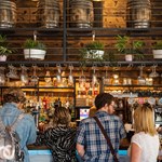 Six people standing at a bar.