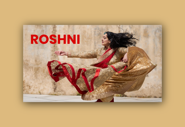 A woman, in Persian clothing, dances. Overlaid on the image is the word 'Roshni' in red text.