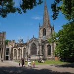 The exterior of Sheffield Cathedral on a bright sunny day.