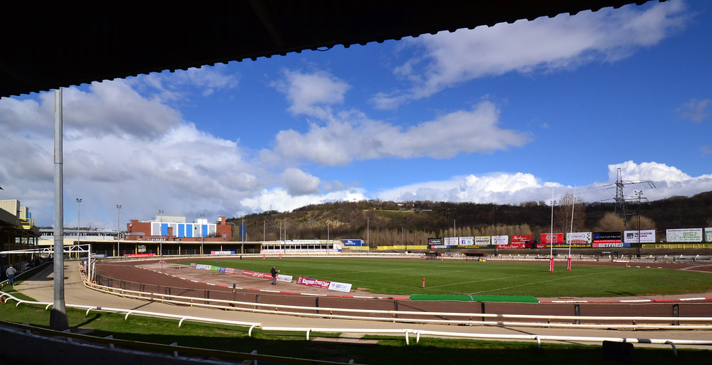 A view of the race track, from the stands, at Owlerton Stadium.
