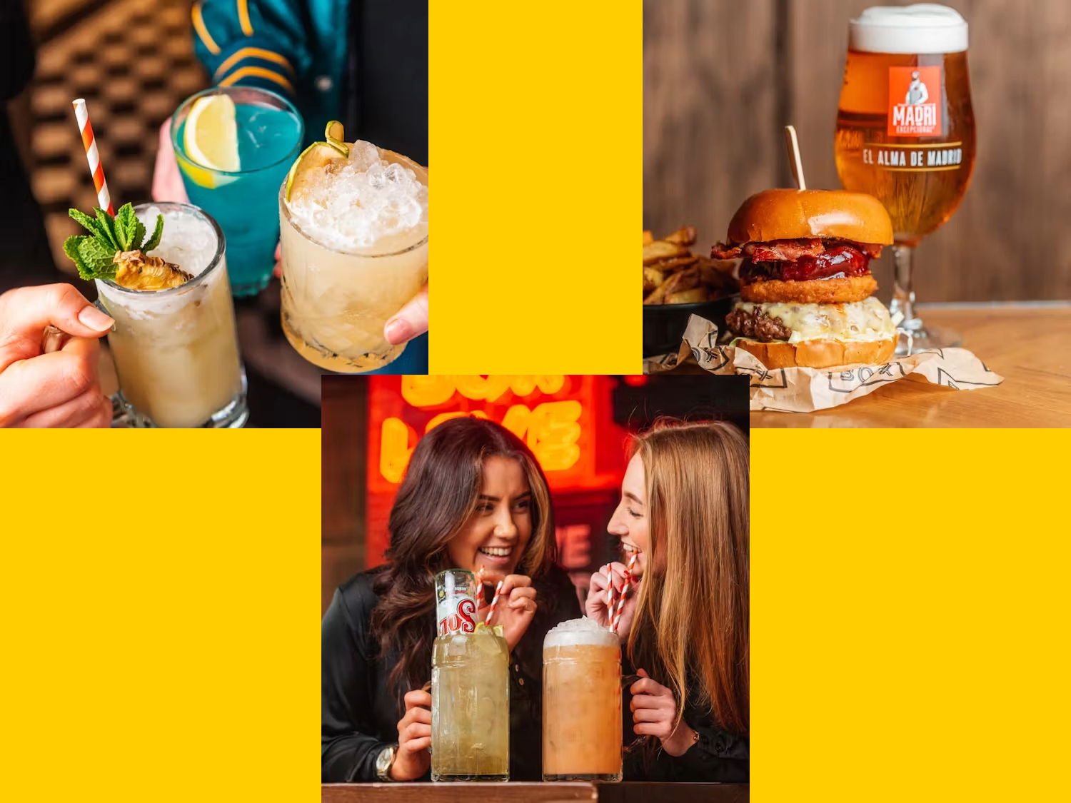 A collage of three images, one shows a close-up of three hands holding three cocktails, one shows two women smiling with two cocktails and the last shows a large hamburger, a bowl of french fries and a glass of beer.
