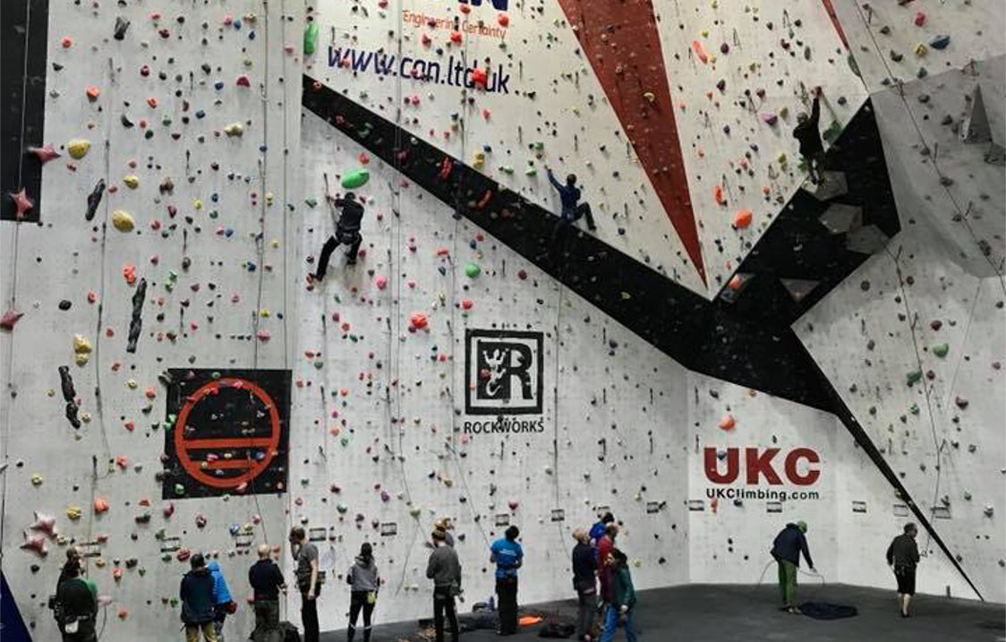 A big climbing wall at Awesome Walls Climbing Centre Sheffield.