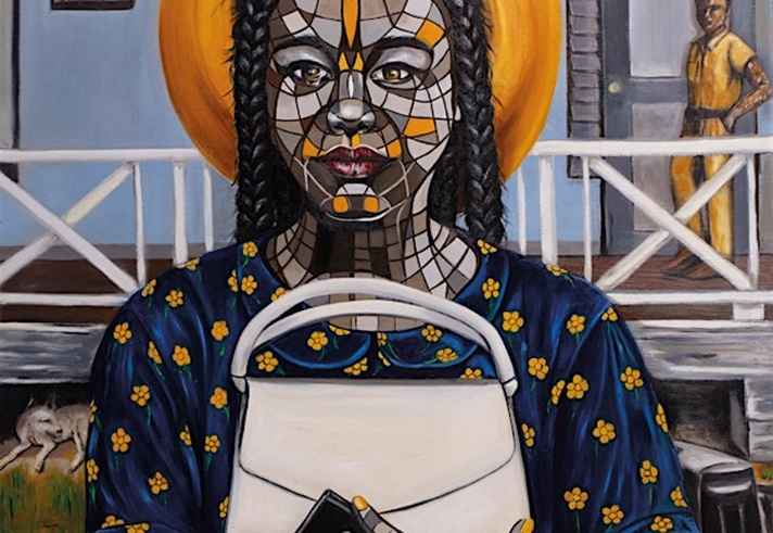 A painting of a woman of African heritage, holding a white handbag to her chest, in front of a pale blue building with a veranda.