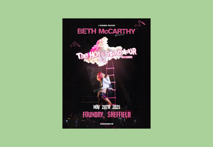 Tour poster featuring Beth McCarthy climbing up a rope ladder towards a cloud.