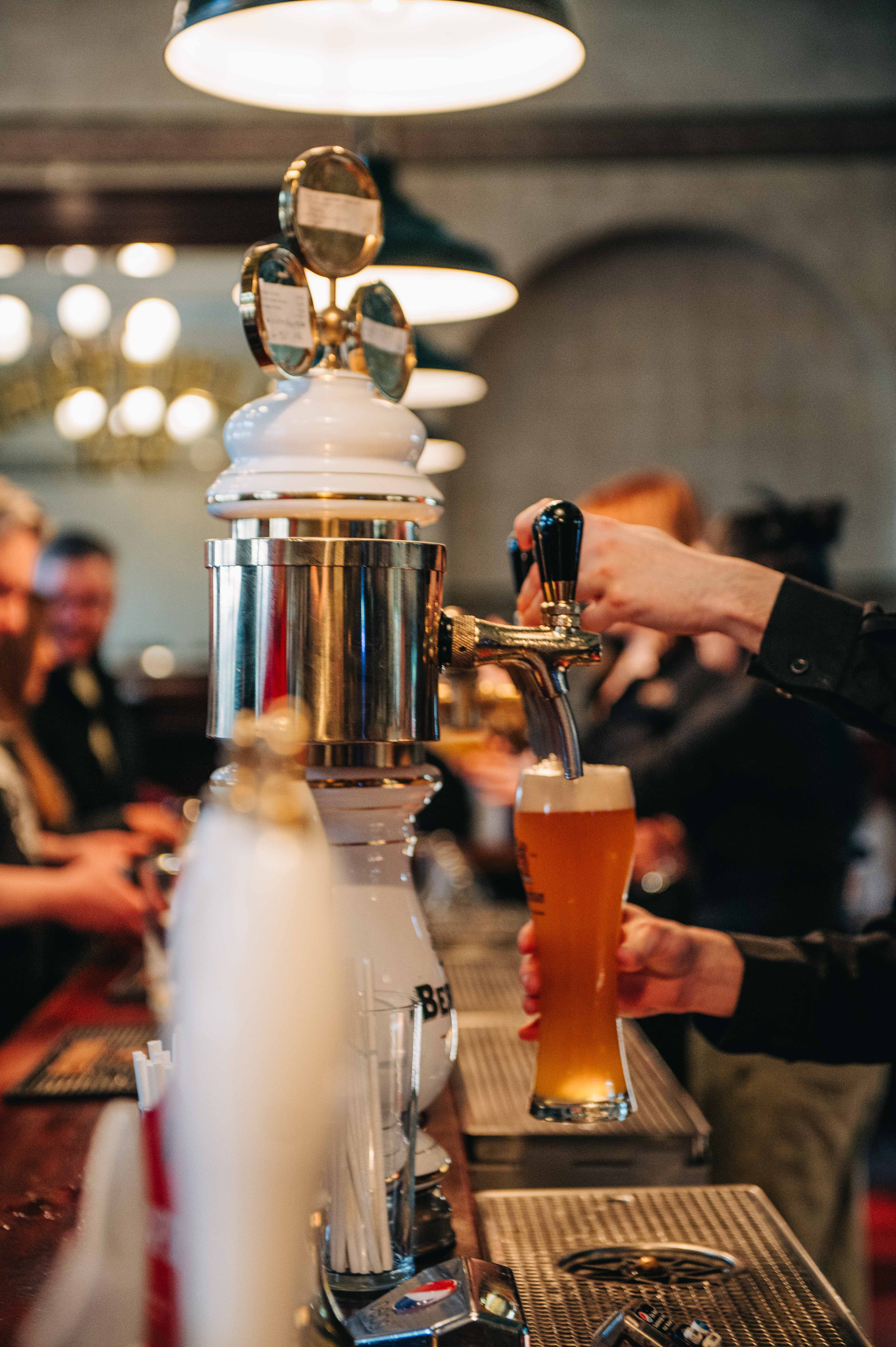 A bartender's hand pulling a pint at Sheffield Tap.