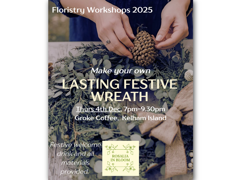 Poster for the event with a close-up of a person making a Christmas wreath.