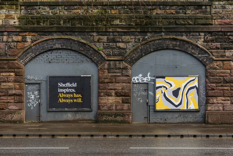 Sheffield Inspires place branding artwork shown in situs on post boards under the arches on Sheaf Street in Sheffield