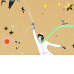 An illustration of a man, flying through space, holding strings that are attached to several flying birds. Some of the elements, such as the birds and the man's face and hands, are photos that have been cut out and added to the image.