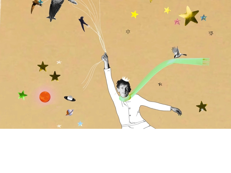 An illustration of a man, flying through space, holding strings that are attached to several flying birds. Some of the elements, such as the birds and the man's face and hands, are photos that have been cut out and added to the image.