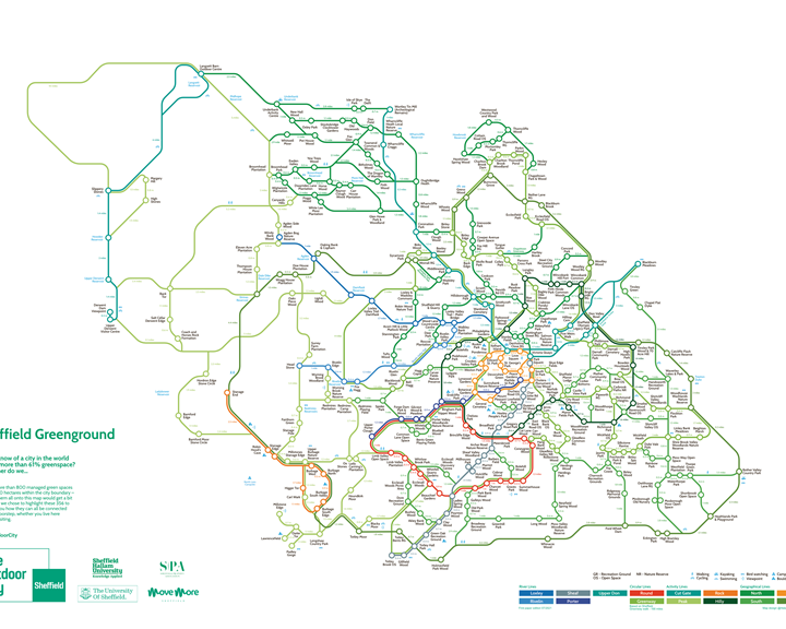A detailed map titled “Sheffield Greenground” showing interconnected walking and cycling routes across Sheffield and surrounding areas. The map is styled like a transit diagram, with colored lines representing different route types such as parks, trails, and green spaces. Key locations, neighborhoods, and landmarks are labeled throughout the map. A legend at the bottom indicates route categories in various colours, and branding for The Outdoor City and partners appears in the lower-left corner.