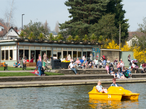 Exterior of Millhouses Park Cafe as seen from across the boating pond.