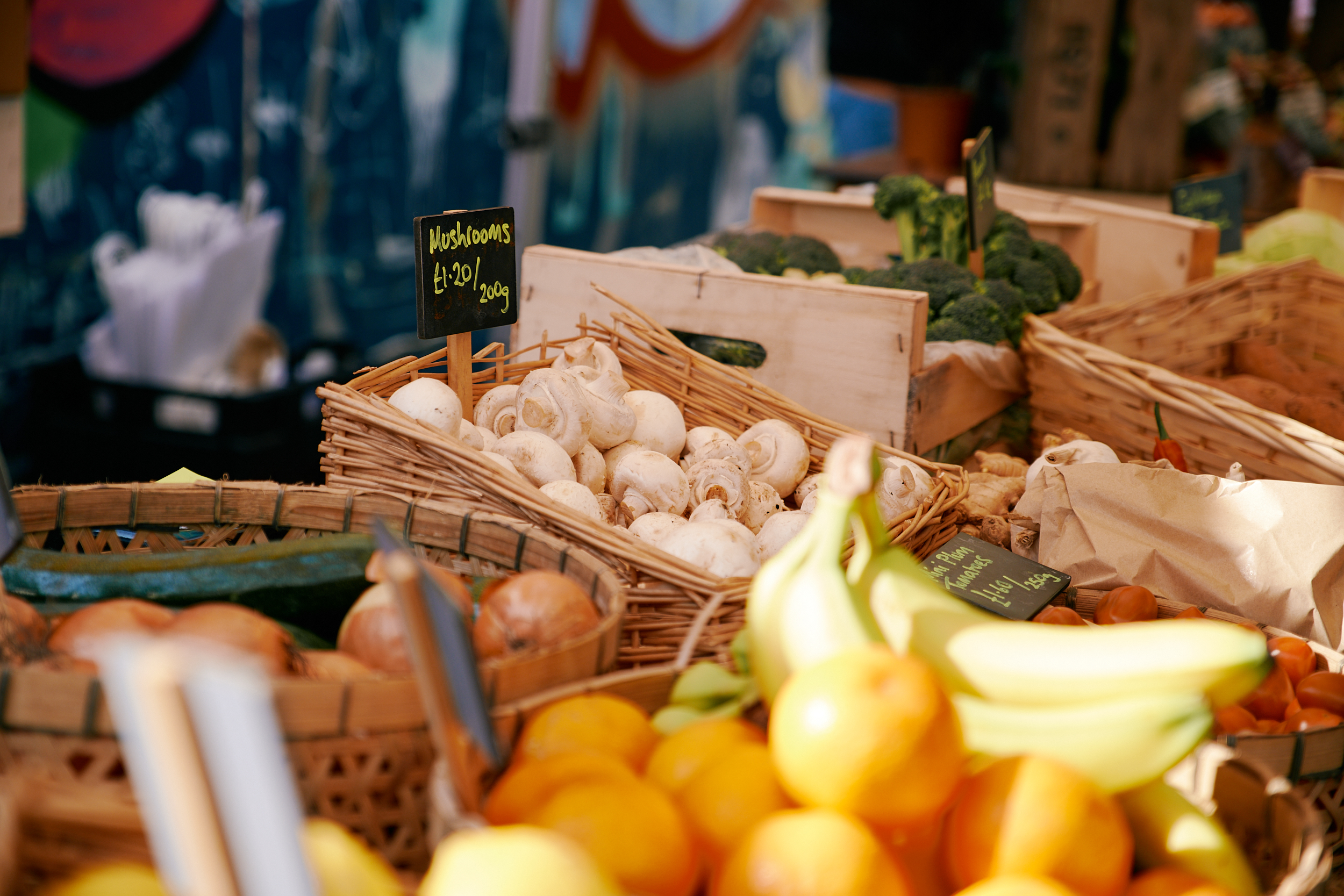 A fruit and vegetable stall at Pollen Market.