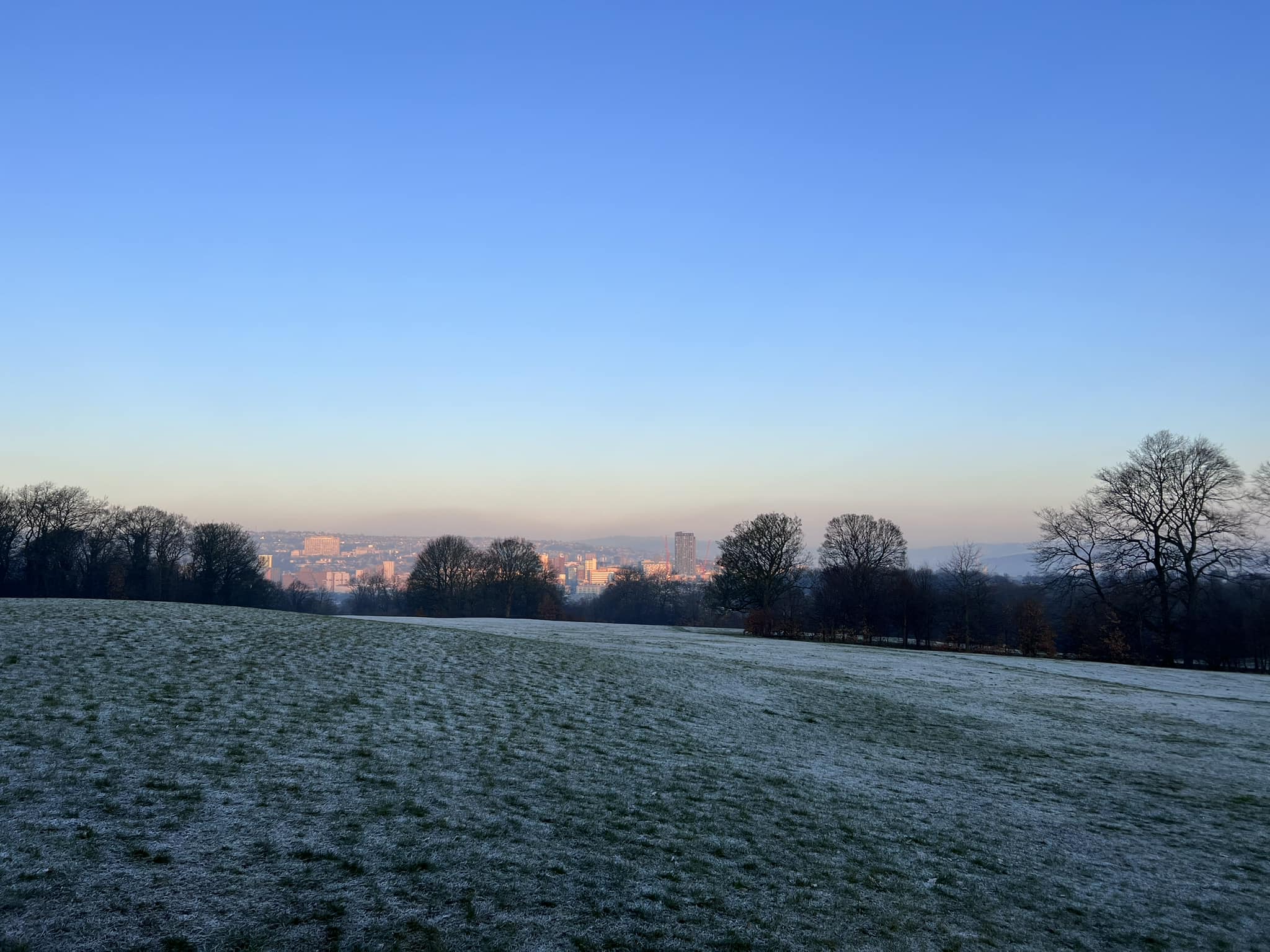 A frosty view of the Sheffield skyline taken from the outdoor seating area of Dukes in the Park 