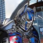 A performer dressed as a Transformer outside the Sheffield Winter Garden.