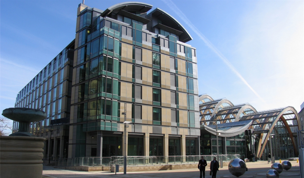The exterior of Mercure Sheffield St Paul & Hotel Spa seen fro the Millennium Square.