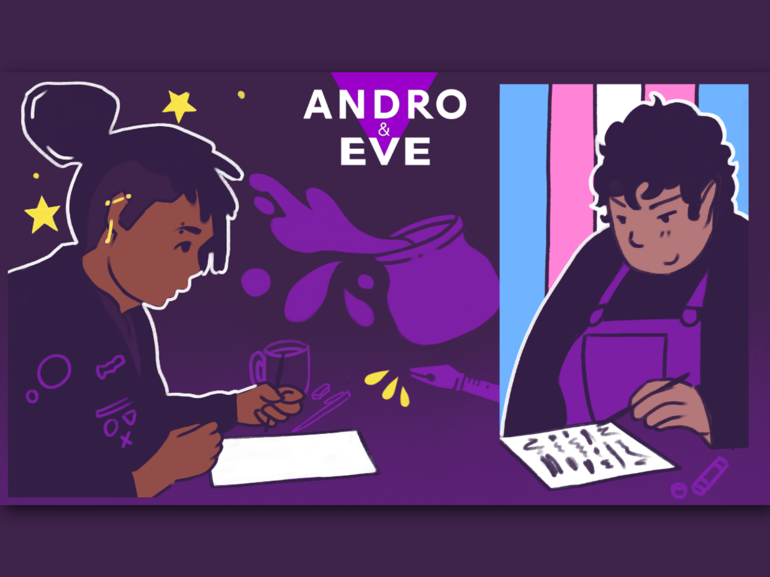 Illustrated graphic showing two people engaged in creative work at desks. The design features bold purple tones with stars and abstract shapes, a coffee mug, and art supplies. The text ‘ANDRO & EVE’ appears at the top centre, and a pink, white, and blue striped background is visible behind one person.