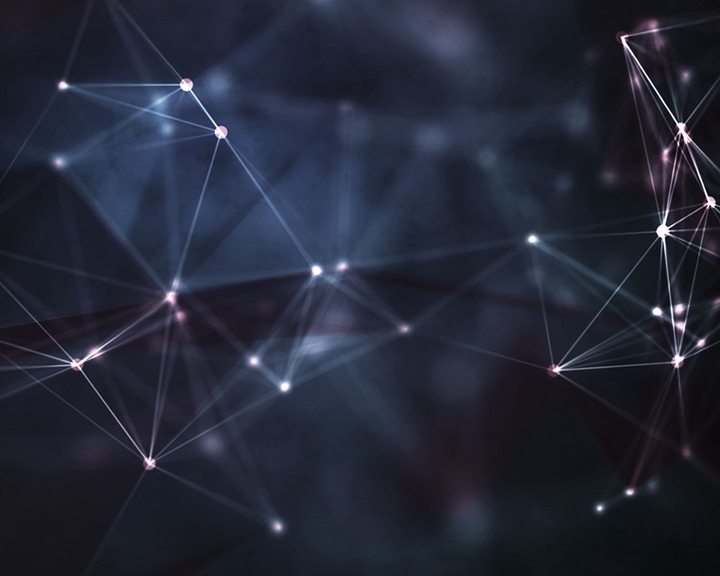 A dark abstract background featuring interconnected glowing lines and nodes forming a geometric network pattern. The design has a futuristic, digital aesthetic with shades of blue, purple, and black, creating a sense of depth and complexity.