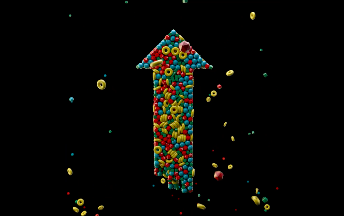 A digital image of an multi-coloured Look Up arrow, on a black background, pointing up.