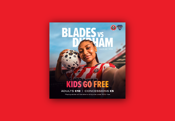 Promotional poster for a football match between Blades and Durham on 2nd November 2025 at 1 PM. A person in a red and white striped jersey is holding a football and taking a selfie. Bold text reads "KIDS GO FREE". Ticket prices are listed as Adults £10 and Concessions £5, with a note that one child under 18 goes free with a paying adult.