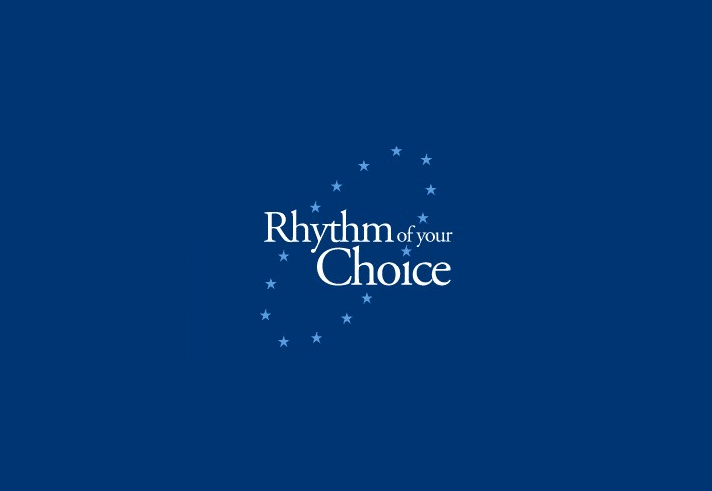 Logo with white text on a dark blue background reading 'Rhythm of your Choice' in serif font, surrounded by a curved arrangement of small white stars.
