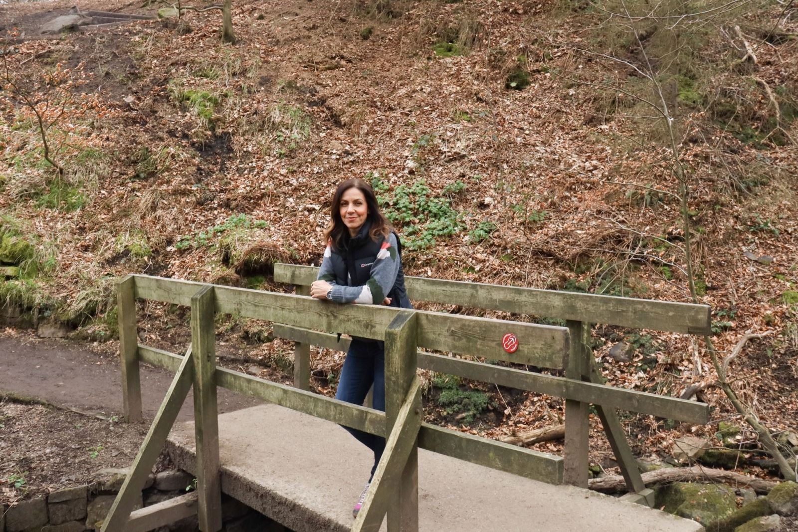 A person stands on a small wooden bridge in a forested area, leaning on the railing and looking toward the camera. The bridge spans a narrow stream, with fallen leaves and sparse vegetation covering the ground. A hillside with trees and underbrush rises in the background.