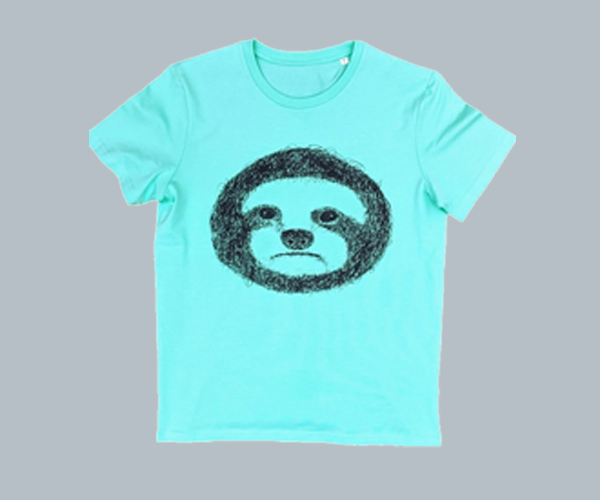 A turquoise t-shirt with a print of a badger's face.