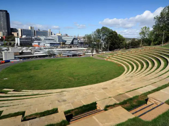 The teared seating at South Street Park Amphitheatre. 