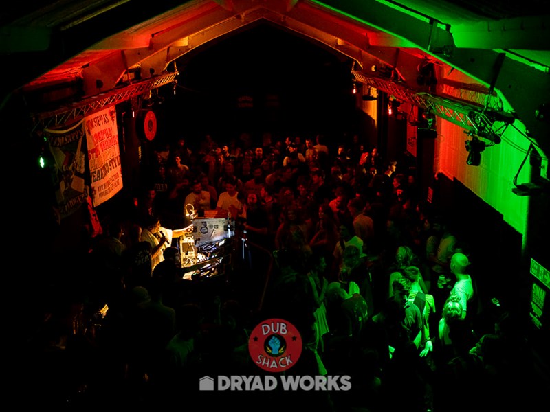 An event at Dryad Works, the whole place is full of people dancing.